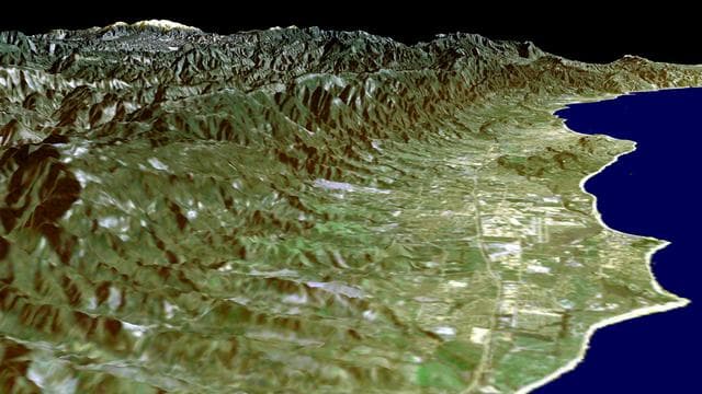 NASA image: SRTM Perspective View with Landsat Overlay: Santa Barbara Coastline, California