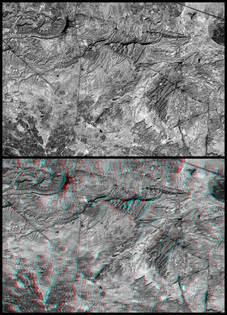 NASA image: SRTM Anaglyph: Roads versus Dikes near Bhuj, India