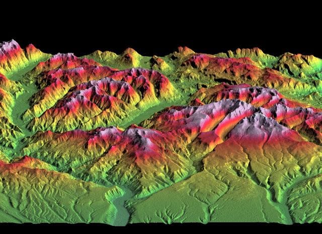 NASA image: SRTM Perspective of Colored Height and Shaded Relief Laguna Mellquina, Andes Mountains, Argentina