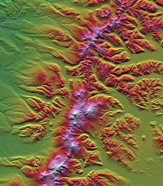 NASA image: SRTM Colored Height and Shaded Relief: Sredinnyy Khrebet, Kamchatka Peninsula, Russia