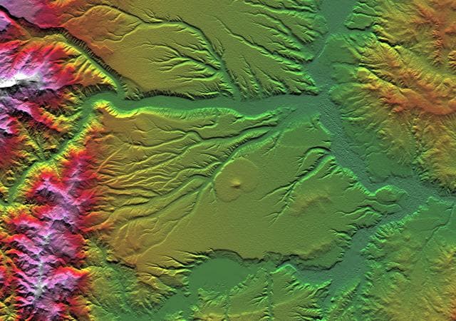 NASA image: SRTM Colored Height and Shaded Relief: Corral de Piedra, Argentina