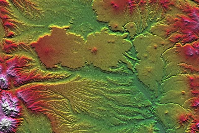 NASA image: SRTM Colored Height and Shaded Relief: Las Bayas, Argentina