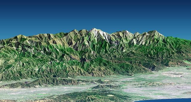 NASA image: Perspective View with Landsat Overlay, Metro Los Angeles, Calif.: Malibu to Mount Baldy