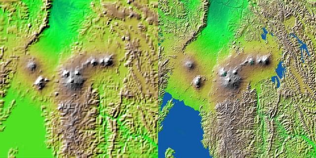 NASA image: Shaded Relief with Height as Color, Virunga and Nyiragongo Volcanoes and the East African Rift Valley
