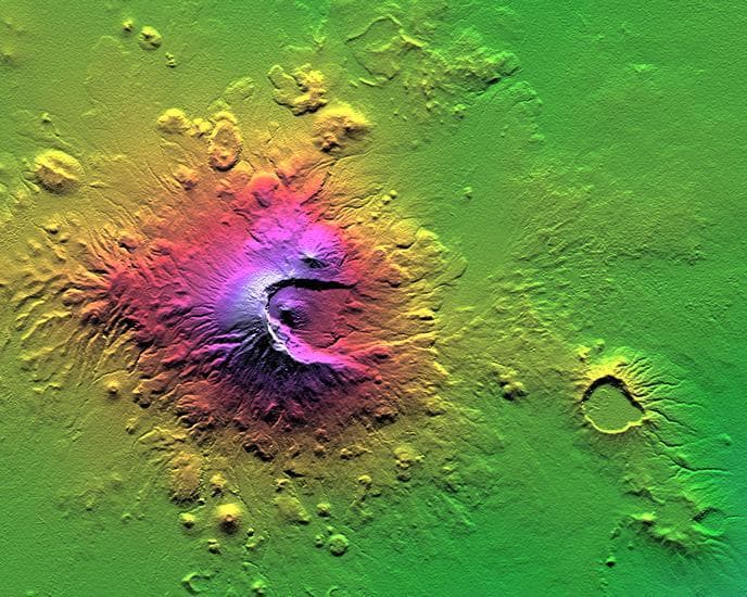 NASA image: Shaded Relief with Height as Color, Mount Meru, Tanzania