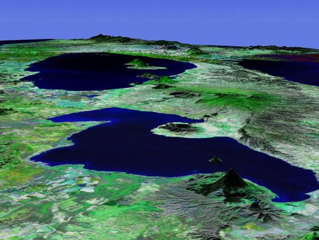 NASA image: Perspective View with Landsat Overlay, Lakes Managua and Nicaragua