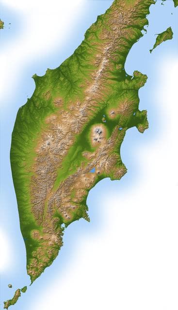 NASA image: Colored Height and Shaded Relief, Kamchatka Peninsula
