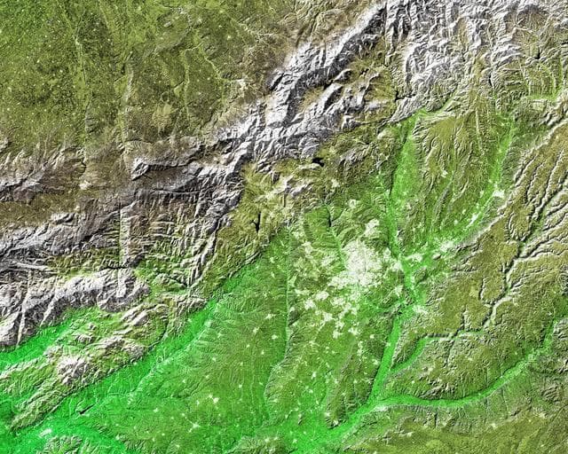NASA image: Shaded Relief and Radar Image with Color as Height, Madrid, Spain