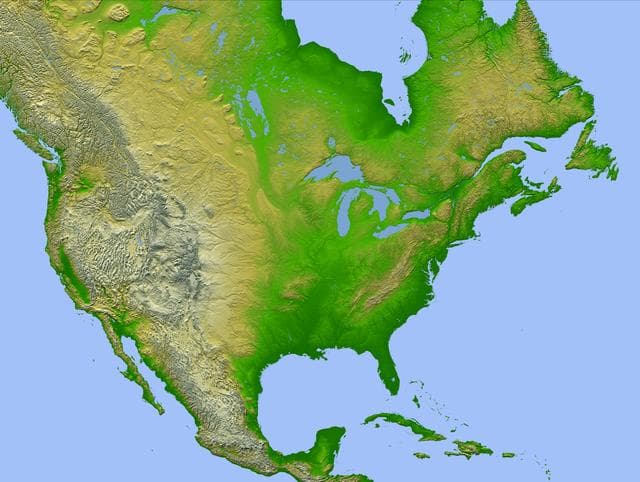 NASA image: Shaded Relief with Height as Color, North America