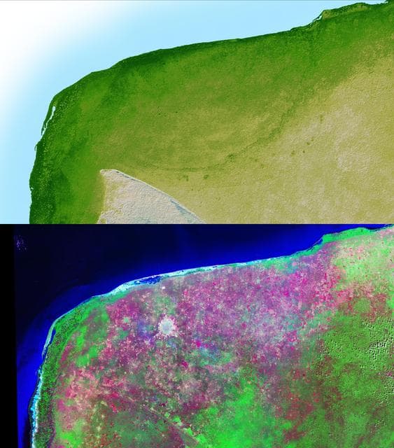 NASA image: Shaded Relief with Height as Color and Landsat, Yucatan Peninsula, Mexico