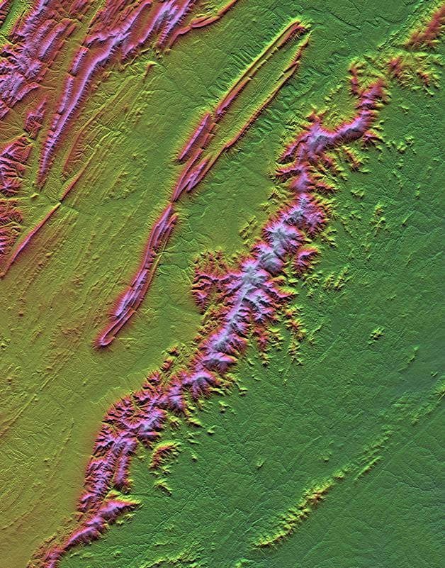 NASA image: Shenandoah National Park, Virginia, Shaded Relief with Height as Color
