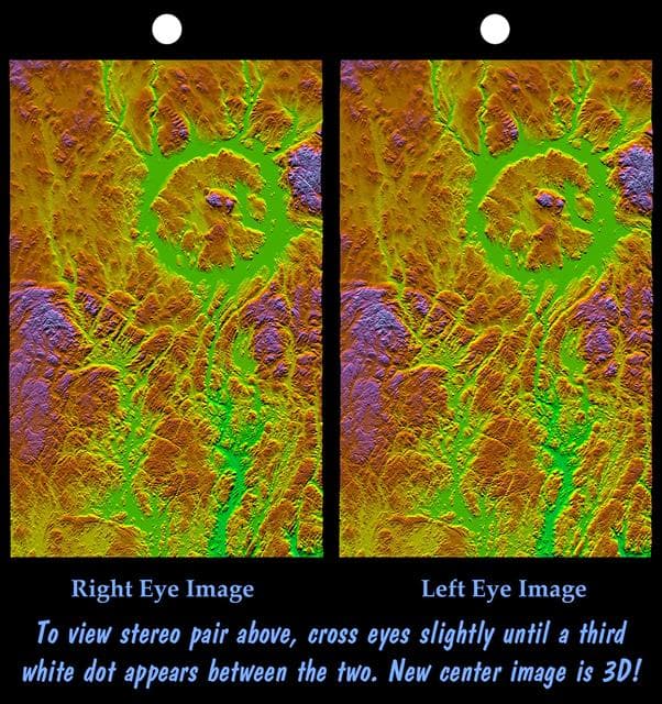 NASA image: Stereo Pair, with Topographic Height as Color, Manicouagan Crater, Quebec, Canada