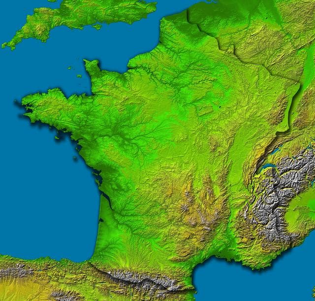 NASA image: France, Shaded Relief and Colored Height
