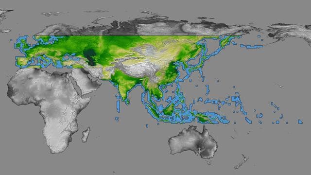 NASA image: SRTM Data Release for Eurasia, Index Map and Colored Height
