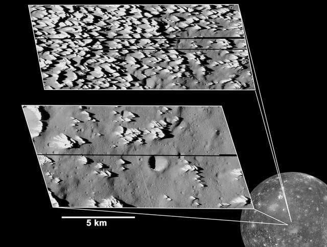 NASA image: Callisto Close-up with Jagged Hills