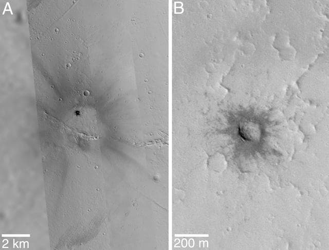 NASA image: Fresh Impact Crater and Rays in Tharsis