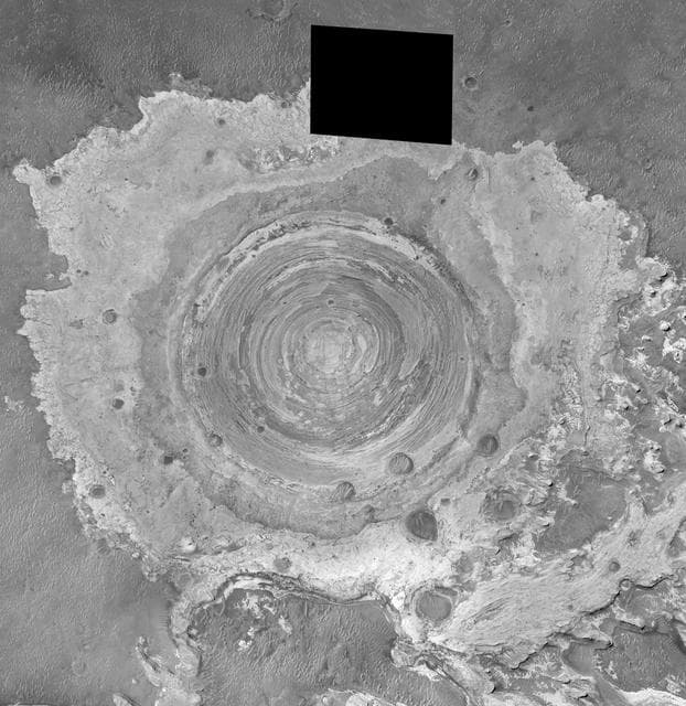 NASA image: Partially-Exhumed Crater in Northern Terra Meridiani: Mosaic of M04-01289, E17-01676, and M21-01646