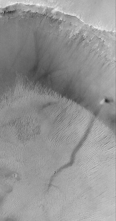 NASA image: A Dust Devil Making a Streak and Climbing a Crater Wall