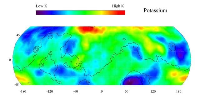 NASA image: Map of Martian Potassium at Mid-Latitudes