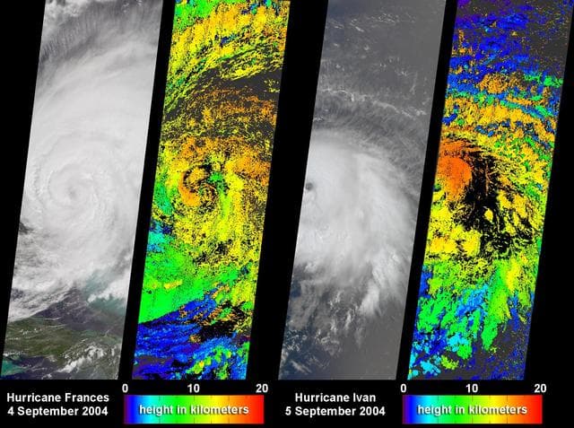 NASA image: Cloud Height Maps for Hurricanes Frances and Ivan