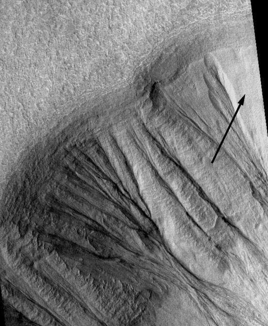 NASA image: Gullies on Martian Crater MOC