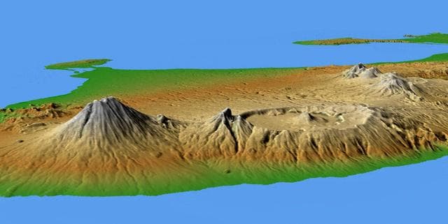 NASA image: Mts. Agung and Batur, Bali, Shaded Relief and Colored Height