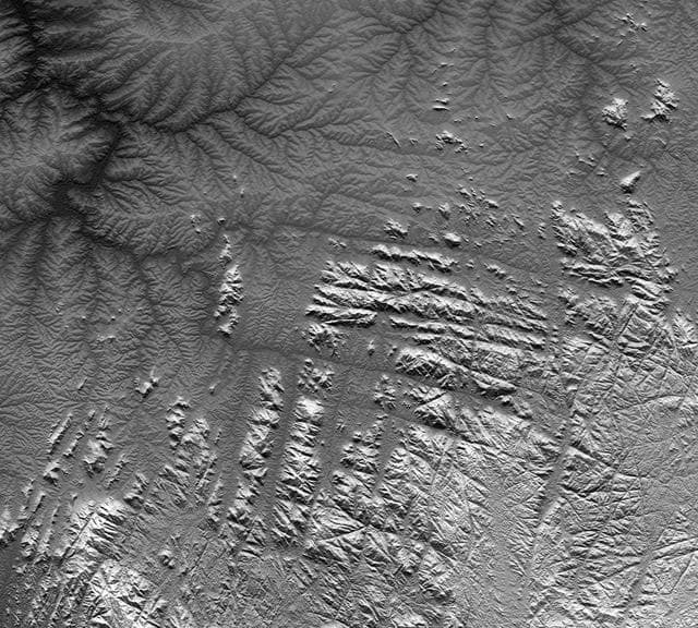 NASA image: Gotel Mountains, Nigeria and Cameroon, SRTM Shaded Relief plus Height as   Brightness