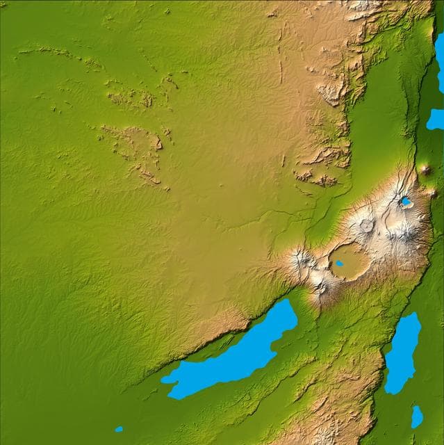 NASA image: Olduvai Gorge, Shaded Relief and Colored Height