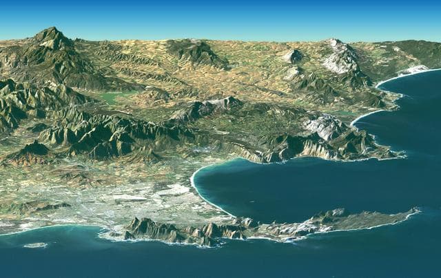 NASA image: Cape Town, South Africa, Perspective View, Landsat Image over SRTM   Elevation