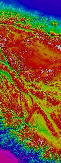 NASA image: Western Tibet, Shaded Relief with Color as Height