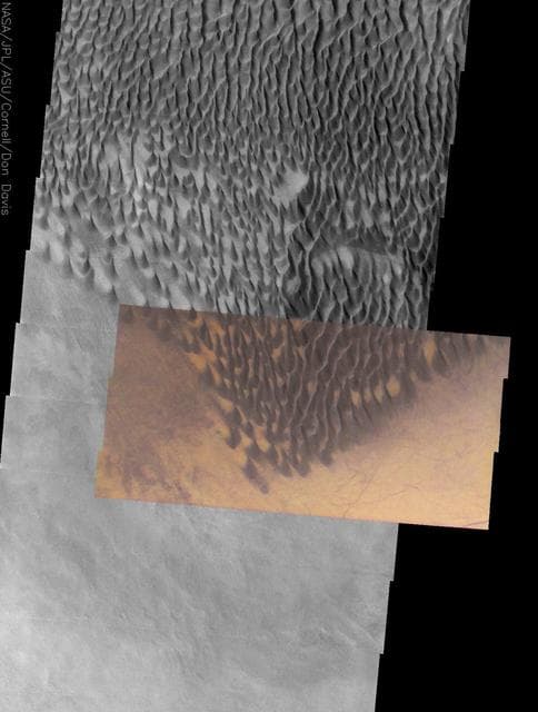 NASA image: Dark Gray Dunes, Bright Orange Dust