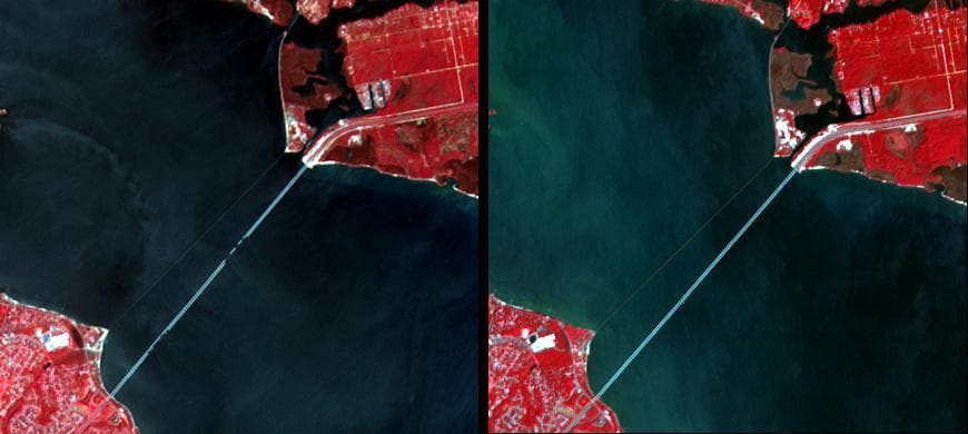 NASA image: Damage by Hurricane Ivan over Pensacola Bay, Florida