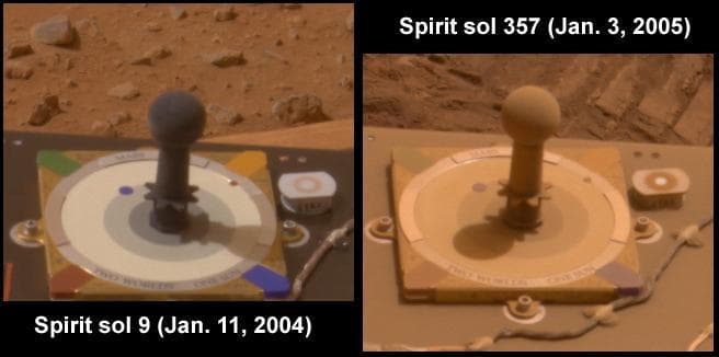 NASA image: Dust on Mars: Before and After Spirit