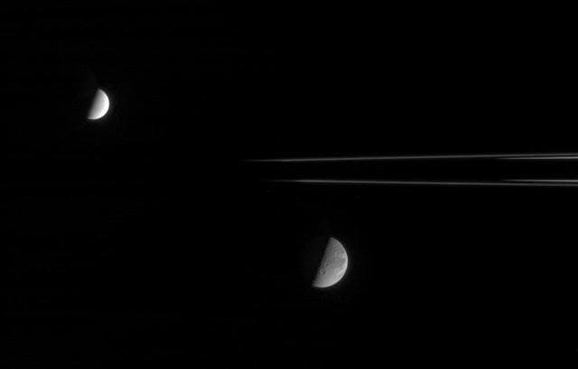 NASA image: Dione and Enceladus