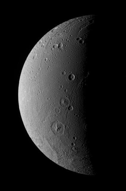 NASA image: Dione Has Her Faults Monochrome