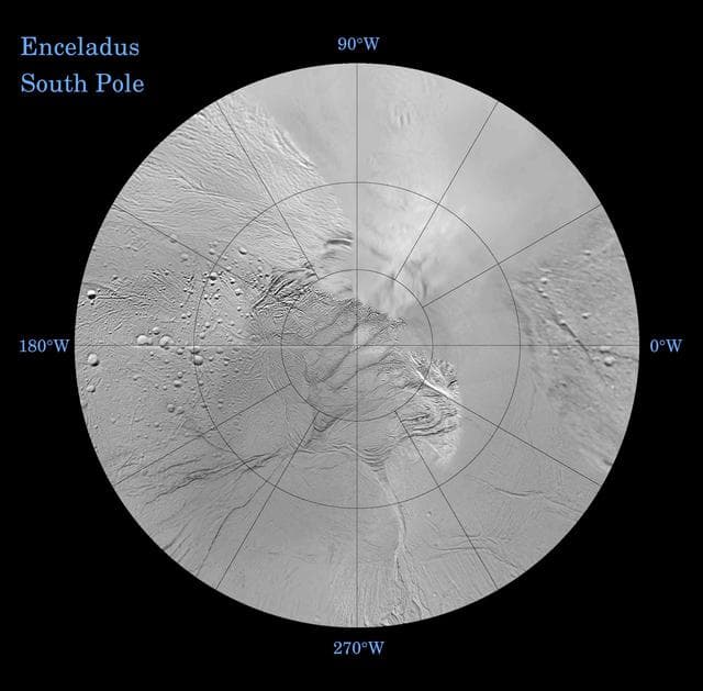 NASA image: Enceladus: North and South Southern Polar Projection