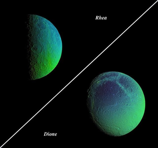 NASA image: Color Variation Across Rhea and Dione  