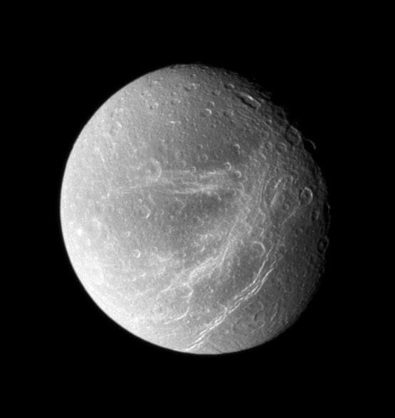 NASA image: Scratches on Dione