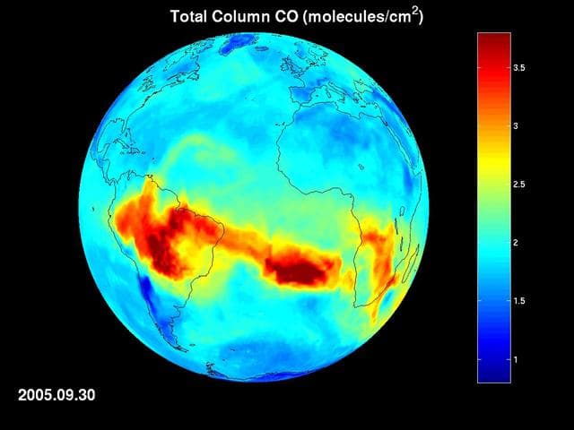 NASA image: AIRS Map of Carbon Monoxide Draped on Globe: Time Series from 8/1/2005 to   9/30/2005