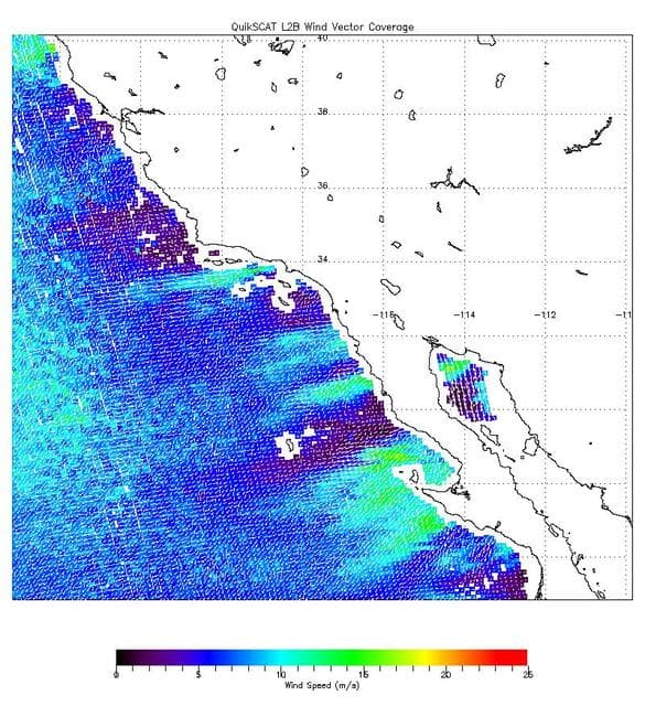 NASA image: NASA QuikScat Maps Southern California Destructive Santa Ana Winds