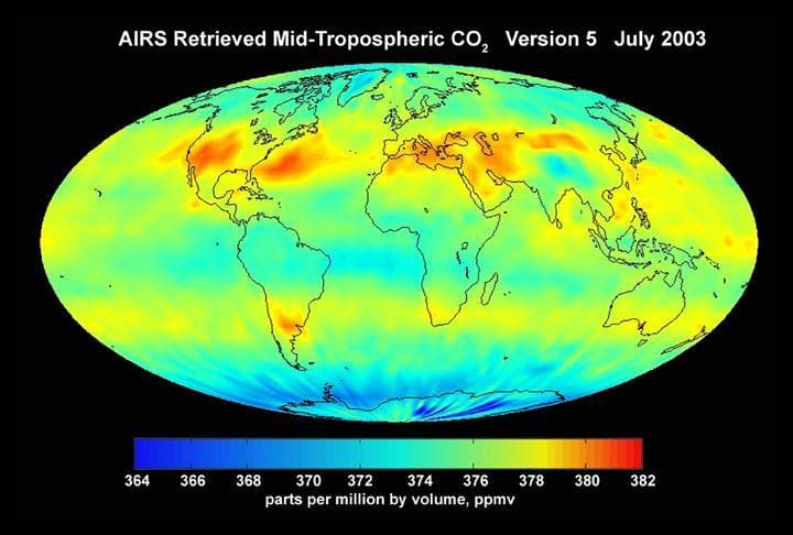 NASA image: AIRS Mid-Tropospheric CO2, Version 5, July 2003