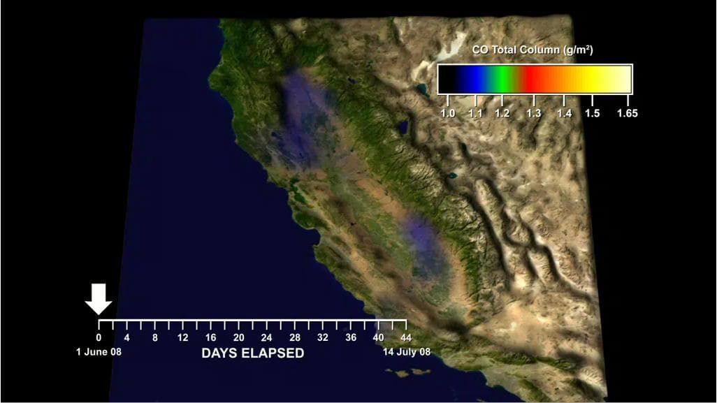 NASA image: Carbon Monoxide from California Wildfire -  a Visualization Created Using Data from NASA Atmospheric Infrared Sounder