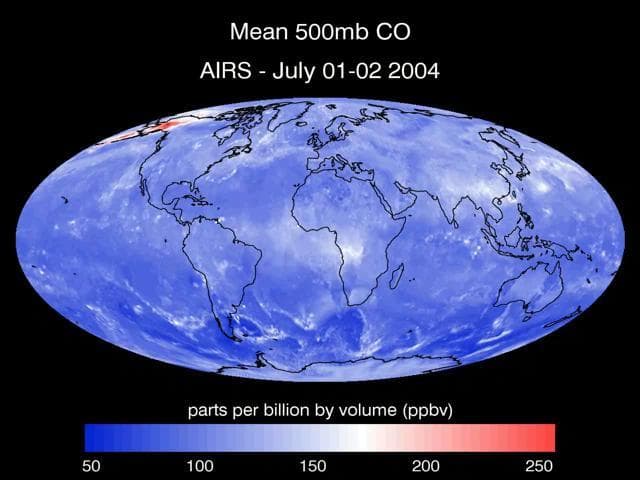 NASA image: Transport of Carbon Monoxide Generated by Alaska Fires, July 2004