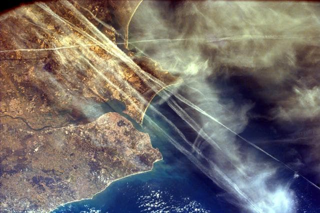 NASA image: Contrails over Lisbon, Portugal
