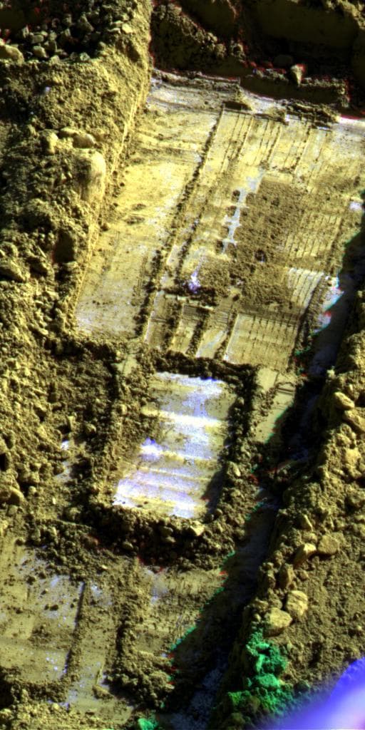 NASA image: Morning Frost in Trench Dug by Phoenix, Sol 113 False Color
