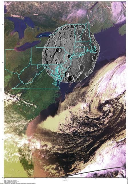 NASA image: Comparing the Size of Mercury Rembrandt Basin with the East Coast of the USA