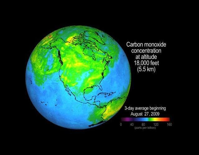 NASA image: Concentration and Transport of Carbon Monoxide from the California Wildfires