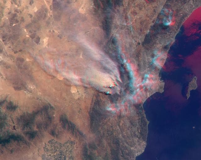 NASA image: Smoke from Station Fire Blankets Southern California Anaglyph