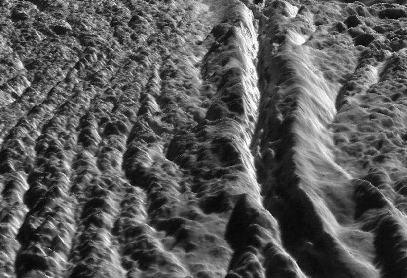 NASA image: Perspective view of Damascus Sulcus, Enceladus