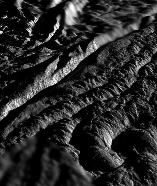 NASA image: Perspective view of Cairo Sulcus, Enceladus